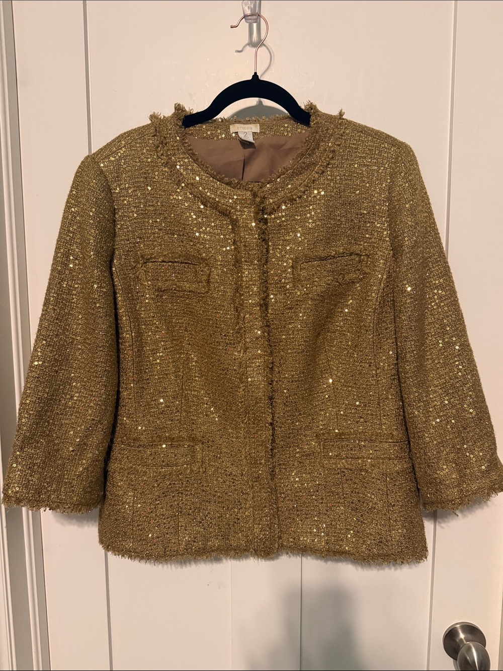 Chico's Gold Sequin Tweed Collarless Glam Blazer Jacket Chicos Size 2